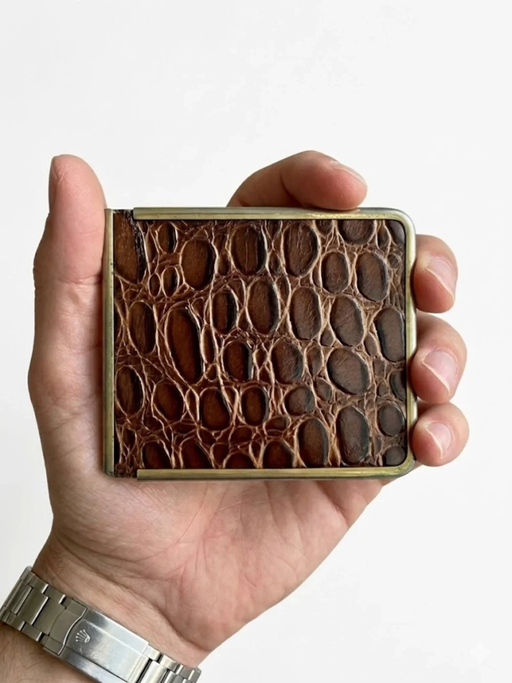 Vintage 70s Craftmen Clipper Brown Crocodile Embossed Wallet 24K Gold Plated
